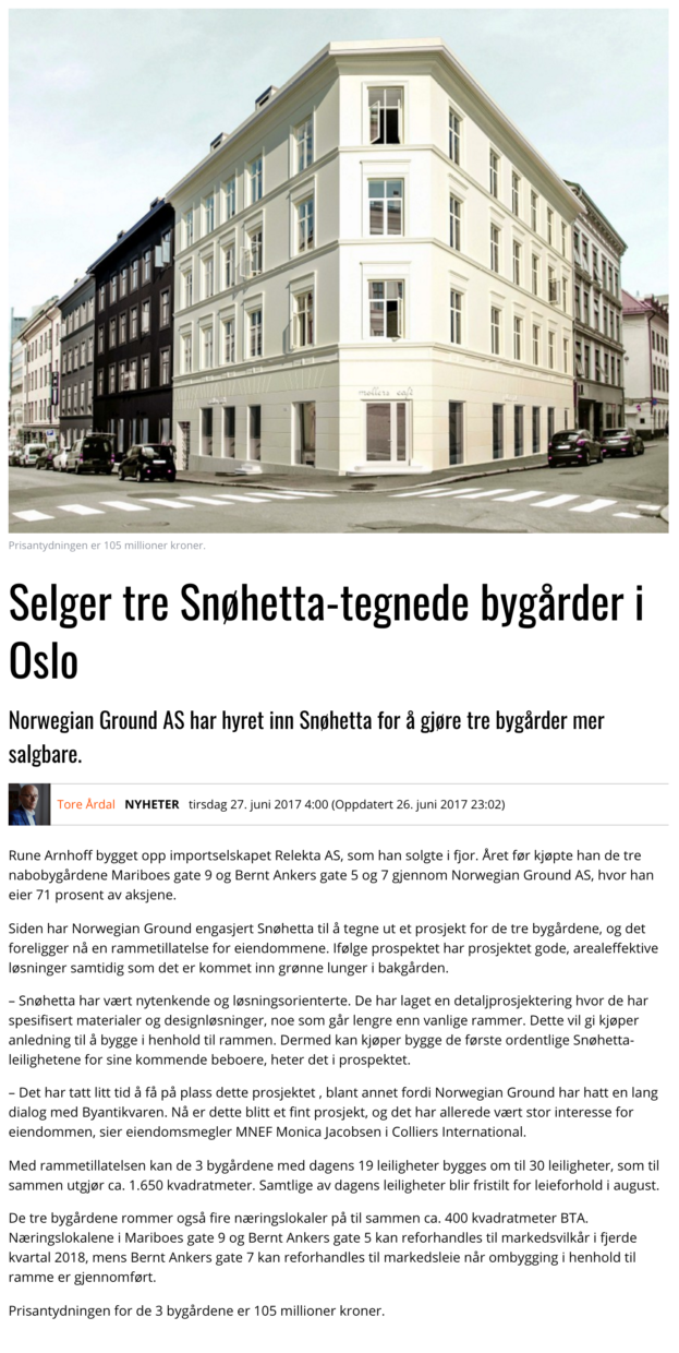 Selger tre Snøhetta-tegnede bygårder i Oslo